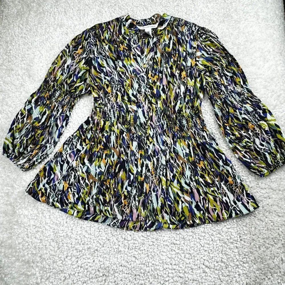 Diane Von Fursteberg Silk Kellen Multi Watercolor Smocked Blouse